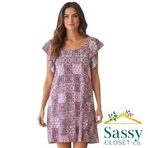 LOFT Purple White Floral Flutter Sleeve Empire Dress L Large Casual EUC